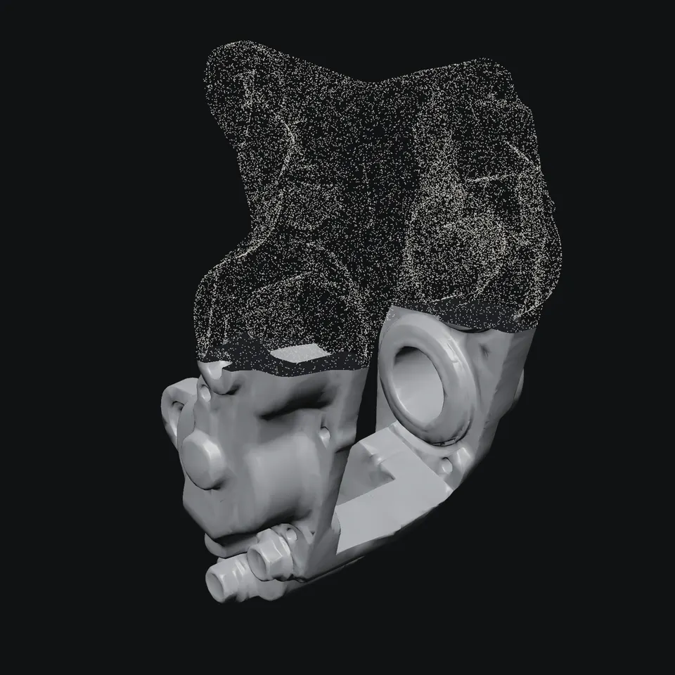 WRX caliper, front left: a structured-light scan resolving from a point cloud into a solid part